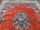 Semi Antique Persian Sarouk Rug 9x12,  Semi Open Field with Central Medallion, Hand Knotted Wool, Tomato Red, 9 x 12 Authentic Oriental Carpet