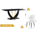 Black Marble Pattern Tempered Glass Dining Set - 71'x35.4' with 8 White PU Chairs With a Widened Backrest Design.