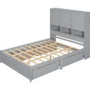 Queen Size Platform Bed with Storage Headboard and 4 Drawers, Gray