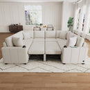 Convertible U-Shaped Sectional Sofa with Pull-Out Bed and USB Ports, Beige Chenille, 108.7 Inches