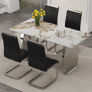 Table and chair set.63*31.4 Inch Pandora Patterned Sintered Stone Dining Table Set - 4 Black PU Chairs With Silver Metal Legs.Modern Light Luxury.Perfect For Dinner Room,Meeting Room,Kitchen,etc.