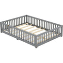 Full Size Bed Floor Bed with Safety Guardrails and Door for Kids, Gray