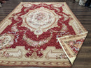 Aubusson Rug 8x11, Needlepoint Carpet, Red Ivory Beige, Vintage, French European Design