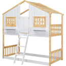 Twin over Twin House Bunk Bed with Roof, Window, Window Box, Door, with Safety Guardrails and Ladder, Natural/White