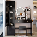 Full Body Mirror Cabinet + Round Mirror LED Vanity Table + Cushioned Stool, With 2 AC + 2 USB Power Station,17' diameter LED Mirror, Touch Control, 3-color, Brightness adjustable, Large Desktop