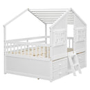 Full Size House Loft Bed with Roof, Windows,4 Storage Drawers,Pine Wooden Bed with Safety Guardrails,Ladder,White