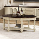Vintage Oval Coffee Table with Drawer and Storage Shelf, Antique Cocktail Table in 45', French Country Accent Table for Living Room,Beige and Espresso