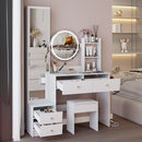 Full Body Mirror Cabinet + Round Mirror LED Vanity Table + Cushioned Stool, With 2 AC + 2 USB Power Station,17' diameter LED Mirror, Touch Control, 3-color, Brightness adjustable, Large Desktop