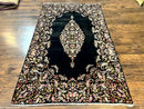 Antique Persian Kirman Rug 5x8, Floral Kirman, Midnight Blue/Black, Semi Open Field, Handmade Vintage Wool Carpet