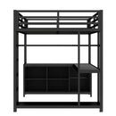 Metal Loft Bed with Wardrobe and L-shaped Desk, Full Size Loft Bed with Storage Cubes and Shelves, Loft Bed for Kids Teens Adults, Black