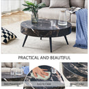 31.5' Black Marble-Patterned MDF Round Coffee Table with black Metal Legs.Adjustable Feet,Coffee table,Round Table Design,MDF Material,Black Marble Pattern.
