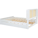 Queen Size Rattan Headboard Bed with Two Drawers and Trundle, White
