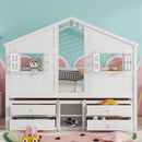 Full Size House Loft Bed with Roof, Windows,4 Storage Drawers,Pine Wooden Bed with Safety Guardrails,Ladder,White