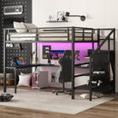 Queen Size Loft Bed with L-shaped Desk and USB, Metal Loft Bed with Wardrobe and Adjustable Shelf, High Loft Bed with LED for Kids Teens Adults, Black