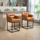Counter Height Bar Stools Set of 2, Modern Square Bar Stool with Back, Black Metal Frames, Upholstered Bar Stools for Kitchen Island, Pub, Club (Light Brown PU)