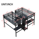 Twin Over Twin Metal Loft Bed with Double Desk and Wardrobe and Shelves with Electrical Outlet for Space Saving and Noise Reduction,Black