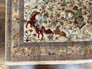 Silk Persian Qum Rug 3x5, Hunting Pattern, Handmade Vintage Carpet, Signed by Master Weaver, Horsemen Pictorials, Super Fine 650 KPSI