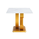 Table and chair set.Subtle Luxury Tempered Glass Dining Set - 63'x35.4' with 4 Black PU Chairs with golden C-tube metal leg.Arched Metal Gold Leg.White imitation marble texture sticker Tabletop.