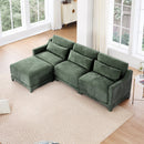 Three-Seater Chenille Sofa with Movable Ottomans in Green, High-Resilience Sponge, Easy Installation, Wood Base