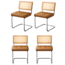 Natural Rattan Dining Chairs Set of 4, Modern Dining Room Chairs with Solid Wood Back for Kitchen Living Room, Mid Century Breuer Design Inspired, Upholstered Faux Leather (Brown)