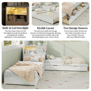 L-Shaped Combination Twin Bed with Trundle and Drawer,3-in-1 Low Corner Platform Bed Linked with Built-in Desk and Led Downlight, White