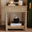 Retro Style Nightstand with Drawer and Open Shelf for Bedroom, Bedside Table with Turned Legs and Metal Handle,Natural