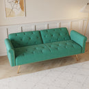 Velvet Sofa Bed with Nail Head Trim and Throw Pillow in Green, 69.7 Inches, Sponge Filling, Gold Metal Legs