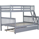 Twin Over Full Rubber Wood Bunk Bed with Trundle, Convertible Ladder and Guardrail, Detachable, Convertible Bed, with Twin Size Trundle  ,Grey