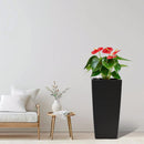Square Planter for Indoor or Outdoor Use, 22-Inch High Faux Rattan Design Flower Pot with Automatic Watering System for Porch, Patio, Backyard, Makes Keeping Flowers Easier (Pack of 2, Black)