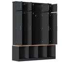 [Assembly Video Provided] Farmhouse Hall Tree with 4 Hidden Hanging Hooks, Versatile Walnut Seating Bench with 8 Doors, Entryway Shoe Cabinet with Open Compartments for Living Room, Black