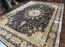 Large Persian Kerman Rug 10x14, Navy Blue and Beige, Floral Medallion, Traditional Elegant Persian Carpet, Signed by Masterweaver