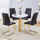 Table and chair set.31.5 Inch Elegant White Marble Pattern Round Dining Table - Suction Molding Annular Texture.Paired With 4 Black High-quality PU Chairs With Arched Golden Metal Legs.