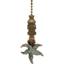 Starfish with Aagean Blue Glass Ceiling Fan Pull, 2.25"h with 12" Antiqued Brass Chain