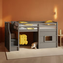 Twin Size Low Loft Bed In Gray With Stairs Storage