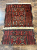 Antique Persian Turkoman Rug 3x6, Wool Tribal Handmade Carpet, Red and Black
