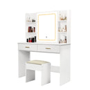 Vanity Desk with Mirror and LED Lights, 3 Lighting Modes and Power Outlet, 2 Spacious Drawers and Stool, White MDF