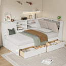 White Wooden Full Size L-shaped Daybed with Storage Bookcase, Upholstered Headboard, USB Charging Ports