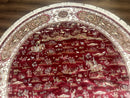 Large Round Turkish Silk Rug 8x8, Hunting Design, Dark Red & Ivory, Bamboo Silk