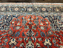 Red Persian Kashan Rug 10x14, Hand-Knotted Semi Antique Floral Medallion Handmade Wool Carpet, Red & Navy Blue