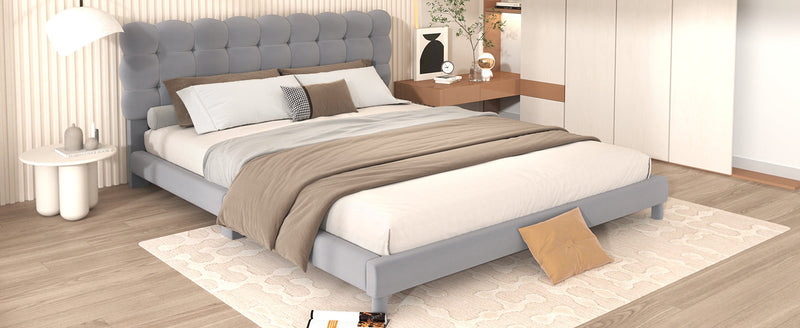 Queen Size Upholstered Platform Bed with Soft Headboard,Gray