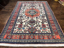 Persian Tribal Rug 8x11, Persian Ardabil Rug, Geometric Medallion Animal Pictorial Rug, Ivory Red Blue, Hand Knotted Vintage Wool Carpet