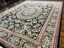Pak Persian Rug 9x12, Highly Detailed Fine 260 KPSI, Floral, Handmade Traditional Carpet, Black