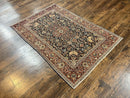 Persian Kashan Rug 4x7, Floral Medallion Vintage Handmade Hand Knotted Navy Blue & Red Wool Oriental Carpet, Highly Detailed Semi Antique Rug