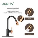 Two-Tone Matte Black & Rose Gold Pull Out Kitchen Faucet with Deck Plate, Single Level Solid Brass Kitchen Sink Faucets with Pull Down Sprayer - AK415BLRG