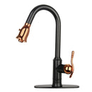 Two-Tone Matte Black & Rose Gold Pull Out Kitchen Faucet with Deck Plate, Single Level Solid Brass Kitchen Sink Faucets with Pull Down Sprayer - AK415BLRG