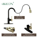 Two-Tone Matte Black & Gold Pull Out Kitchen Faucet with Deck Plate, Single Level Solid Brass Kitchen Sink Faucets with Pull Down Sprayer - AK415BLZG