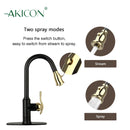 Two-Tone Matte Black & Gold Pull Out Kitchen Faucet with Deck Plate, Single Level Solid Brass Kitchen Sink Faucets with Pull Down Sprayer - AK415BLZG
