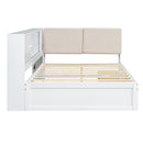 White Wooden Full Size L-shaped Daybed with Storage Bookcase, Upholstered Headboard, USB Charging Ports
