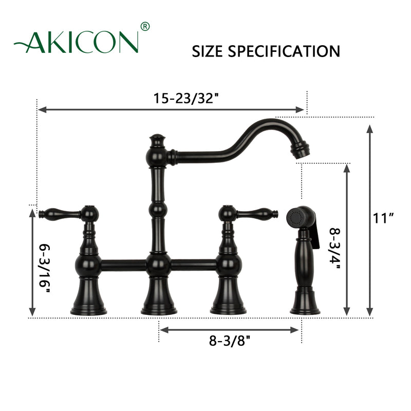 Two-Handles Matte Black Bridge Kitchen Faucet with Side Sprayer - AK96718-MB