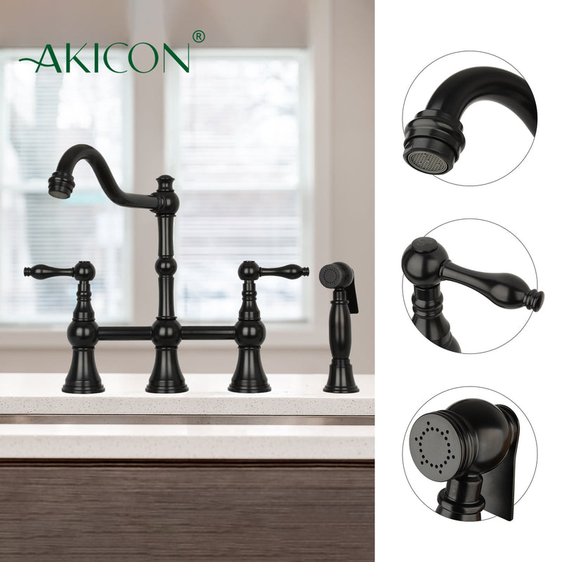 Two-Handles Matte Black Bridge Kitchen Faucet with Side Sprayer - AK96718-MB